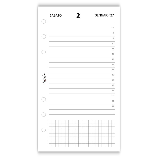 Ricambio Agenda Giornaliera a Righe 2027, 9,5x17 cm, 6 Fori, Carta 80gr, Bianco 6