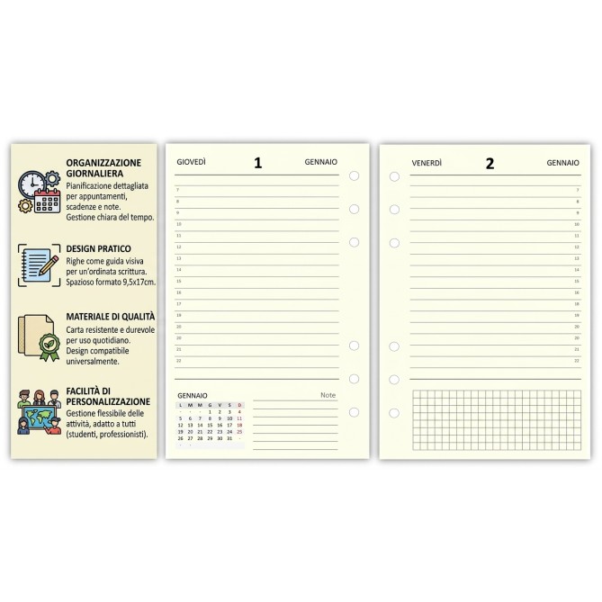 Ricambio Agenda Giornaliera a Righe 2027, 9,5x17 cm, 6 Fori, Carta 80gr, Avorio 5