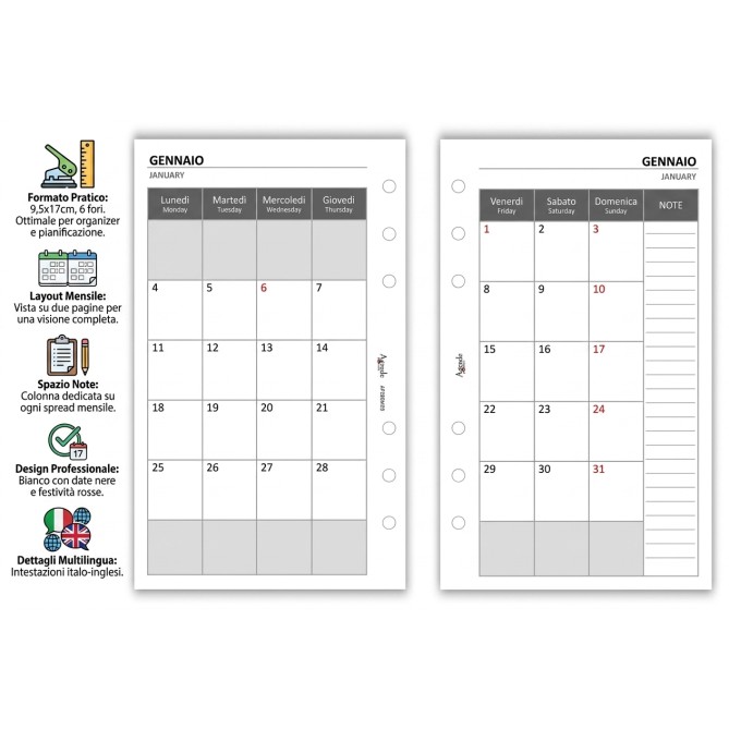 Ricambio Agenda Mensile 2026, Formato A5 9,5x17cm, Bianco, 2 Pagine per Mese, 6 Fori, Gennaio 6