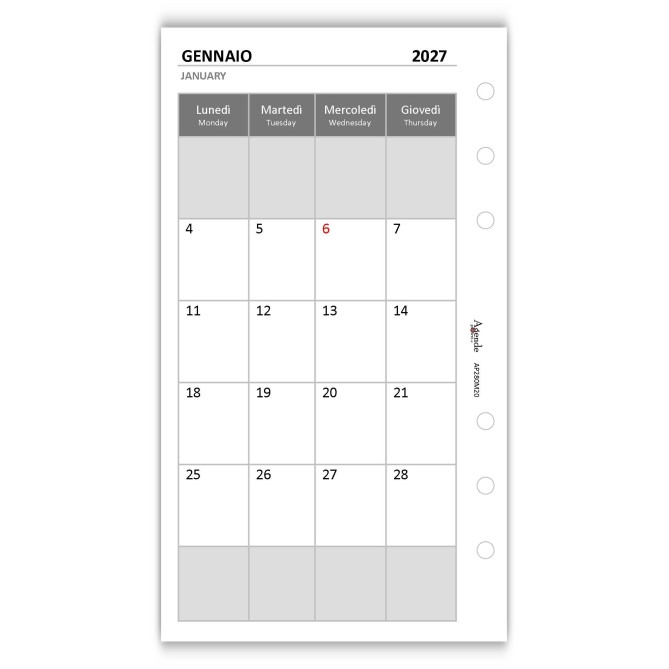 Ricambio Agenda Mensile 2027, Formato A5 9,5x17cm, Bianco, 2 Pagine per Mese, 6 Fori, Gennaio 4