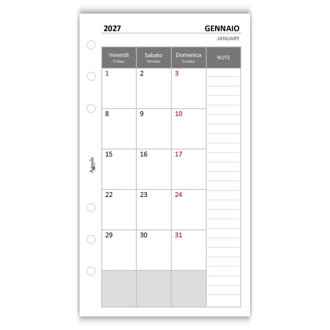 Ricambio Agenda Mensile 2027, Formato A5 9,5x17cm, Bianco, 2 Pagine per Mese, 6 Fori, Gennaio 5