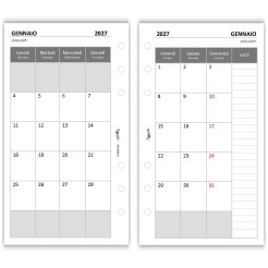Ricambio Agenda Mensile 2027, Formato A5 9,5x17cm, Bianco, 2 Pagine per Mese, 6 Fori, Gennaio 6