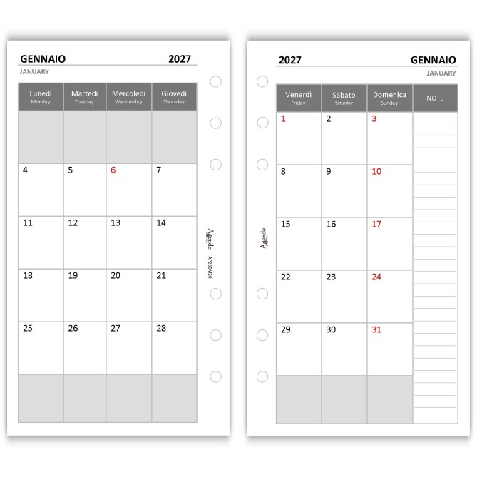 Ricambio Agenda Mensile 2027, Formato A5 9,5x17cm, Bianco, 2 Pagine per Mese, 6 Fori, Gennaio 6