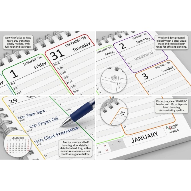 Planning Settimanale 2027 Spiralato INGLESE , A4 21x30cm, 55 Fogli, Orario con Righe Bianche e Grigie 7