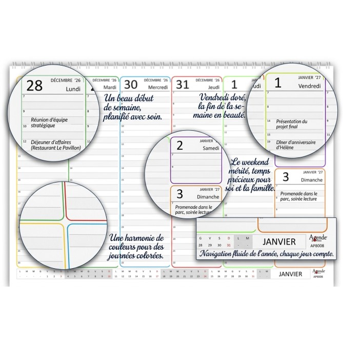 Planning Settimanale 2027 Spiralato FRANCESE, A4 21x30cm, 55 Fogli, Orario con Righe Bianche e Grigie 4