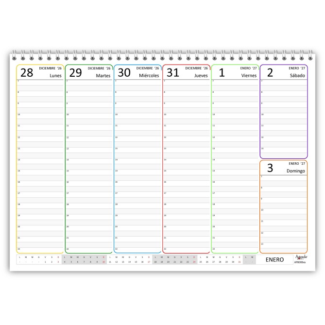 Planning Settimanale colors 2027 Spiralato SPAGNOLO, A4 21x30cm, 55 Fogli, Orario con Righe Bianche e Grigie 2