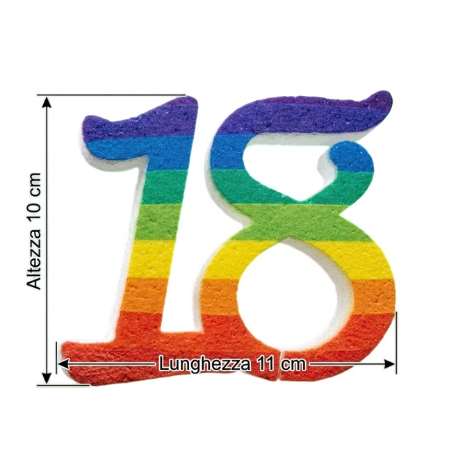 Numero 18 in 3D di Polistirolo stampato ARCOBALENO , 10 cm Altezza, Decorazione per Compleanni e Torte 3