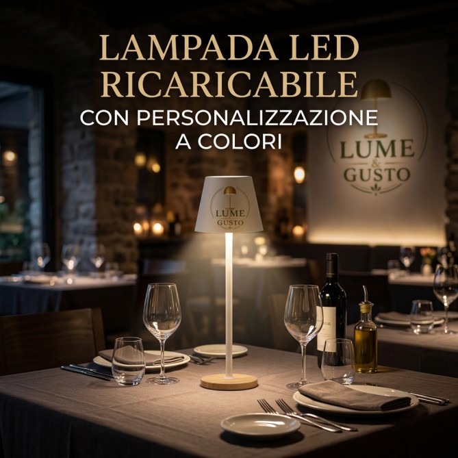 Lampada PERSONALIZZATA da Tavolo LED in Metallo ricaricabile, BIANCA, 3 Modalità di Illuminazione, Base in Legno, 39x10 cm 3