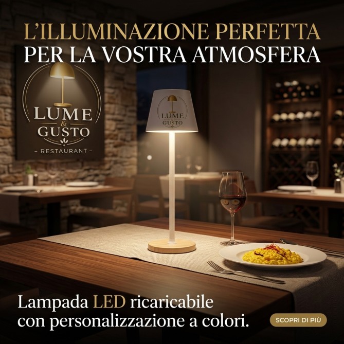 Lampada PERSONALIZZATA da Tavolo LED in Metallo ricaricabile, BIANCA, 3 Modalità di Illuminazione, Base in Legno, 39x10 cm 4