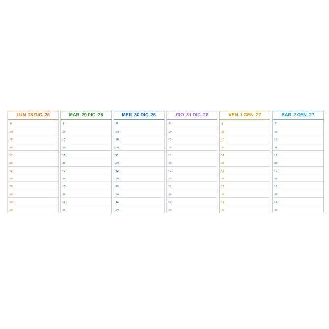 Planning Settimanale COLORS 10x30 Spiralato 2027, Giorni Colorati, Orari con Mezz'ora dalle 9 alle 20 1