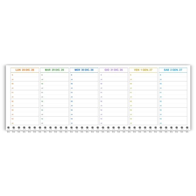 Planning Settimanale COLORS 10x30 Spiralato 2027, Giorni Colorati, Orari con Mezz'ora dalle 9 alle 20 2