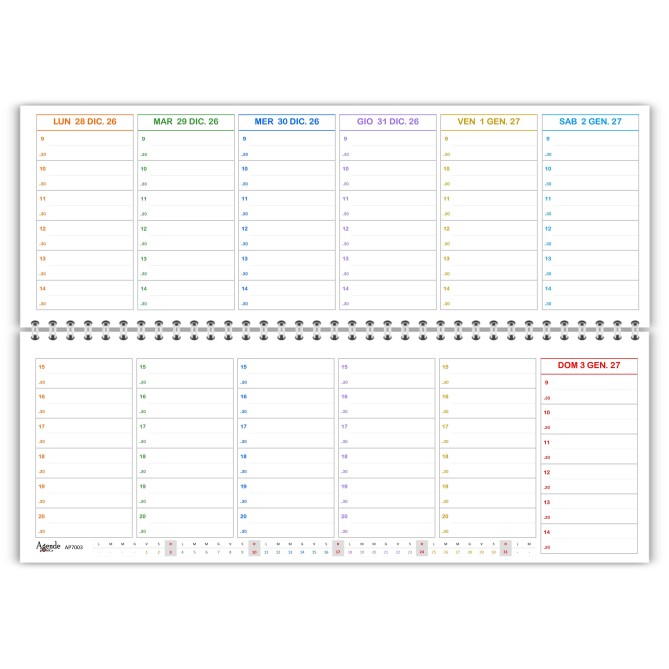 Planning Settimanale COLORS 10x30 Spiralato 2027, Giorni Colorati, Orari con Mezz'ora dalle 9 alle 20 3