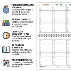 Planning Settimanale COLORS 10x30 Spiralato 2027, Giorni Colorati, Orari con Mezz'ora dalle 9 alle 20 3 2