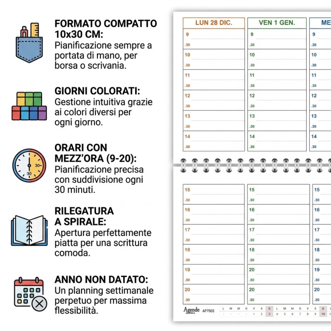 Planning Settimanale COLORS 10x30 Spiralato 2027, Giorni Colorati, Orari con Mezz'ora dalle 9 alle 20 4