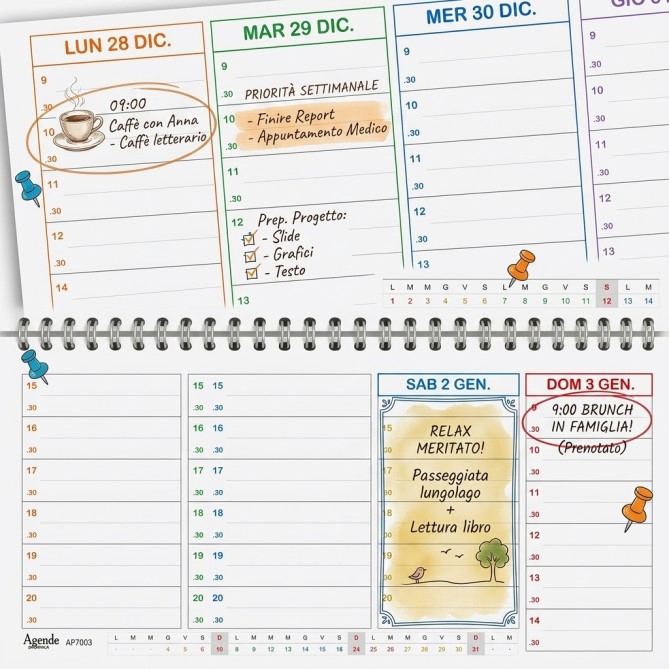 Planning Settimanale COLORS 10x30 Spiralato 2027, Giorni Colorati, Orari con Mezz'ora dalle 9 alle 20 6