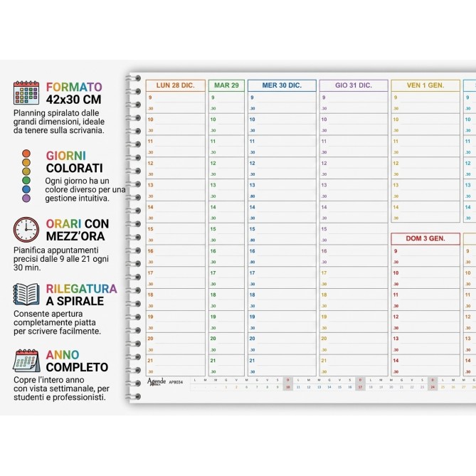 Planning Settimanale 2027 Spiralato, Giorni Colorati, Orari con Mezz'ora, Formato A3 42x30 cm 1