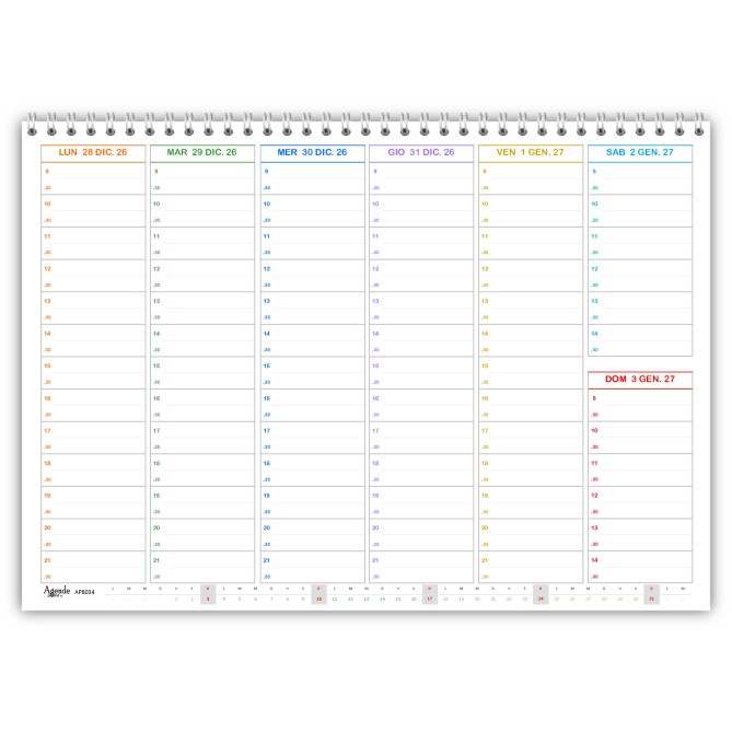 Planning Settimanale 2027 Spiralato, Giorni Colorati, Orari con Mezz'ora, Formato A4 21x30 cm 1
