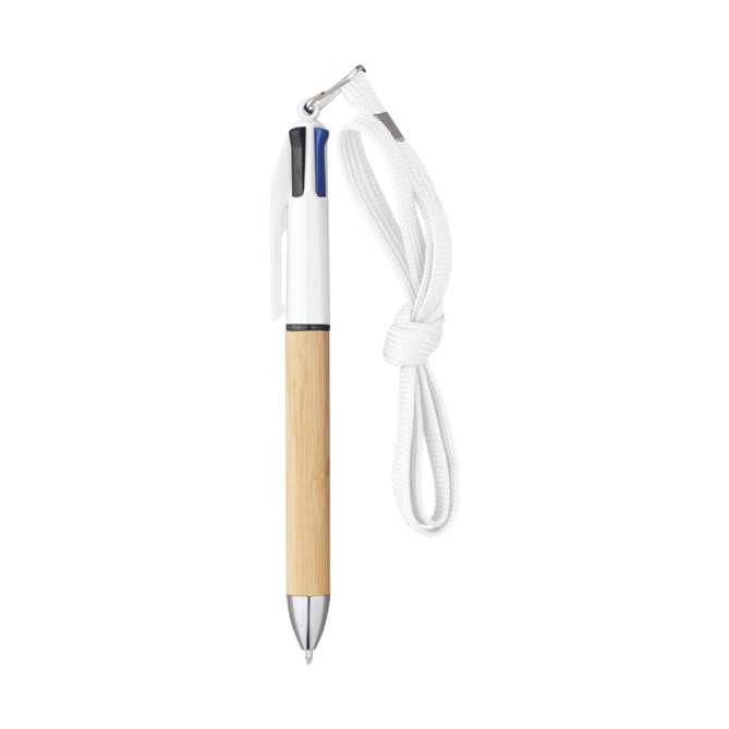 Penna 4 colori in plastica e fusto in bamboo con laccio da 40cm - 2 PEZZI 1