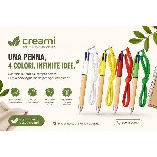 Penna 4 colori in plastica e fusto in bamboo con laccio da 40cm - 2 PEZZI 5