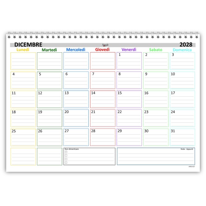 Planning Mensile A4 2027-2028, Agenda Spiralata 21x30cm, 24 Fogli , settimana Colorata 1