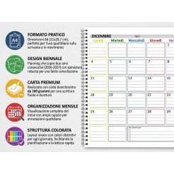 Planning Mensile A4 2027-2028, Agenda Spiralata 21x30cm, 24 Fogli , settimana Colorata 1 2