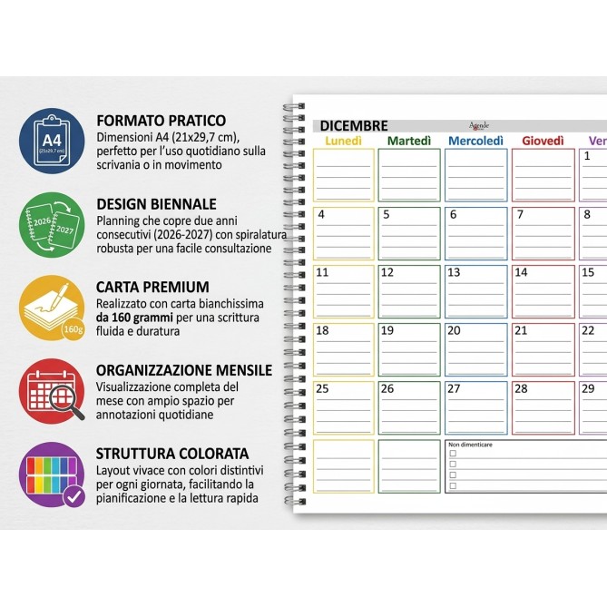 Planning Mensile A4 2026-2027, Agenda Spiralata 21x30cm, 24 Fogli , settimana Colorata 7