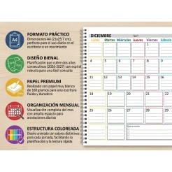 Planning Mensile A4 2027-2028 SPAGNOLA , Agenda Spiralata 21x30cm, 24 Fogli , settimana Colorata 6 2