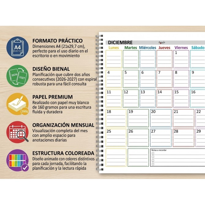 Planning Mensile A4 2027-2028 SPAGNOLA , Agenda Spiralata 21x30cm, 24 Fogli , settimana Colorata 5