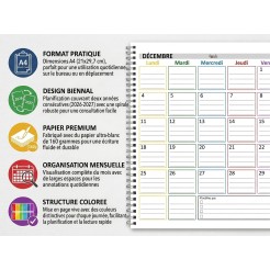 Planning Mensile A4 2027-2028 FRANCESE , Agenda Spiralata 21x30cm, 24 Fogli , settimana Colorata 5 2