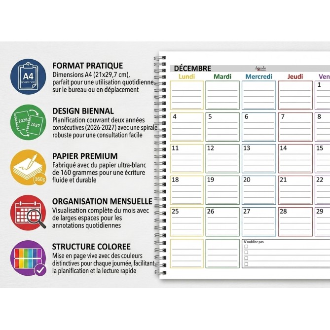 Planning Mensile A4 2027-2028 FRANCESE , Agenda Spiralata 21x30cm, 24 Fogli , settimana Colorata 4