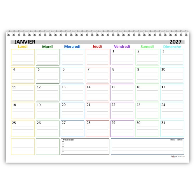 Planning Mensile A4 2027-2028 FRANCESE , Agenda Spiralata 21x30cm, 24 Fogli , settimana Colorata 5
