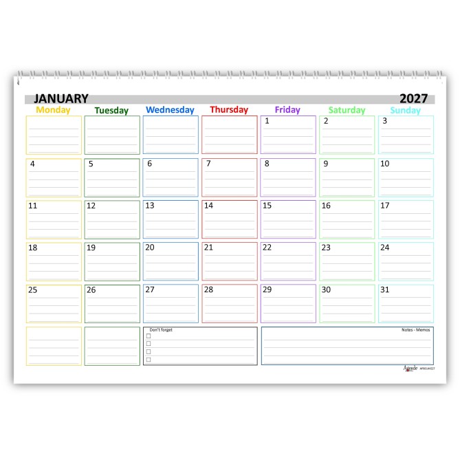 Planning Mensile A4 2027-2028 INGLESE, Agenda Spiralata 21x30cm, 24 Fogli , settimana Colorata 2