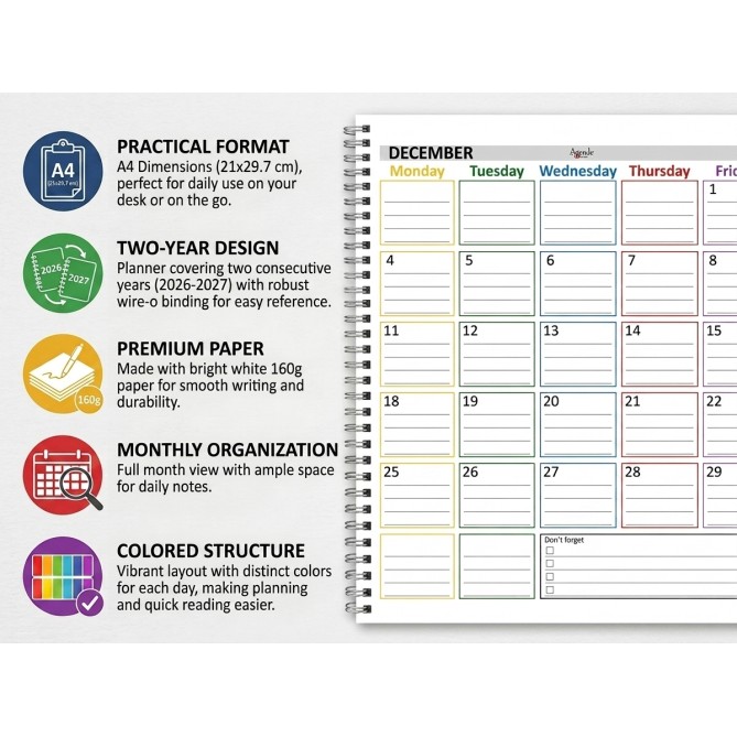 Planning Mensile A4 2027-2028 INGLESE, Agenda Spiralata 21x30cm, 24 Fogli , settimana Colorata 5