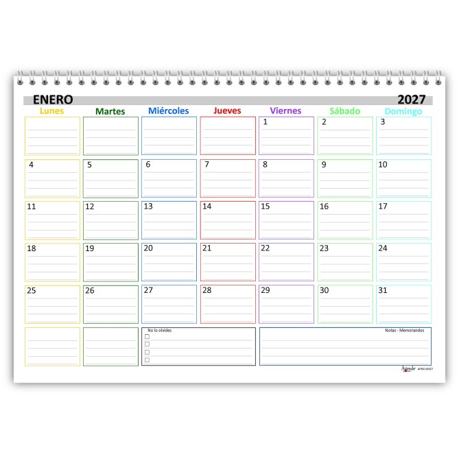 Planning Mensile A4 2027-2028 SPAGNOLA , Agenda Spiralata 21x30cm, 24 Fogli , settimana Colorata 6