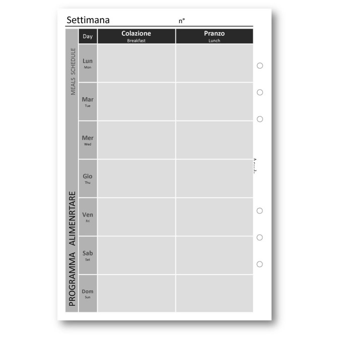Ricambio agenda organizer piano alimentare dieta 15x21cm A5 6fori 30pz 30fogli 2