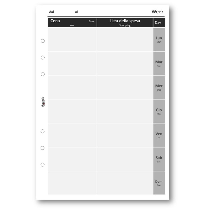 Ricambio agenda organizer piano alimentare dieta 15x21cm A5 6fori 30pz 30fogli 3