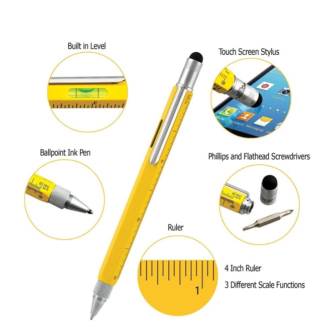 Penna 9 Funzioni In Metallo A Sfera Con Touch Livella Cacciavite E Vari Righelli Colore Giallo 2
