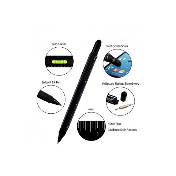 Penna 9 Funzioni In Metallo A Sfera Con Touch Livella Cacciavite E Vari Righelli Colore Nero 4