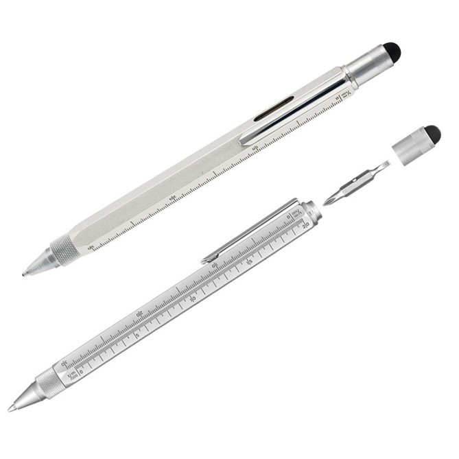 Penna 9 Funzioni In Metallo A Sfera Con Touch Livella Cacciavite E Vari Righelli Colore Silver 1