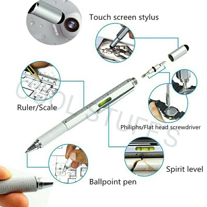 Penna 9 Funzioni In Metallo A Sfera Con Touch Livella Cacciavite E Vari Righelli Colore Silver 4